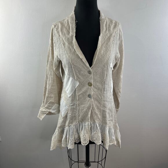 Blu Betty Beige Linen Shirt Dress Button Front Stand-Up Collar Ruffle Hem M? - Picture 2 of 9